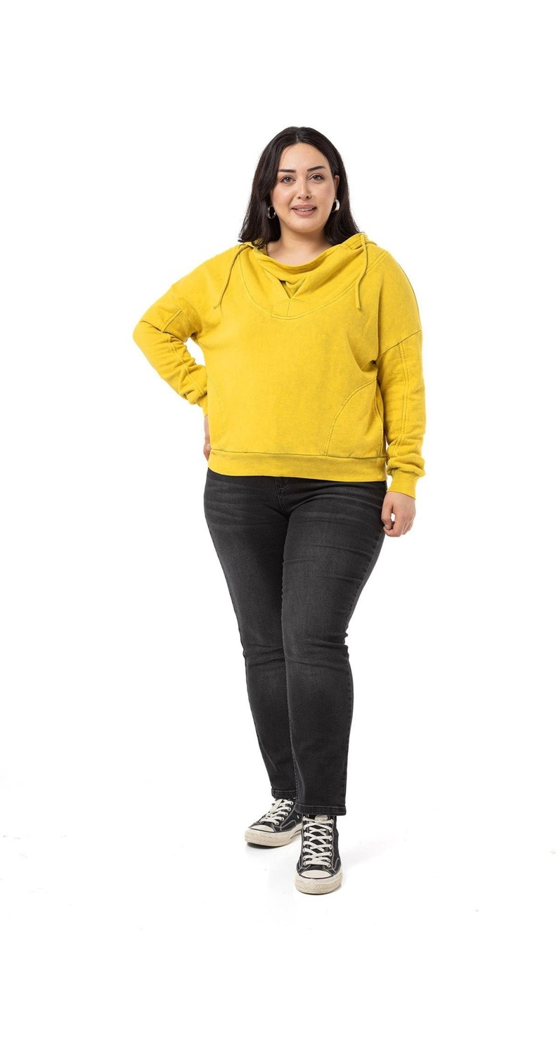 Disentis Modest Büyük Beden Degaje Kapüşonlu Yaka Cepli Parça Boyalı Üç Iplik Yeşil Sweatshirt görsel 7
