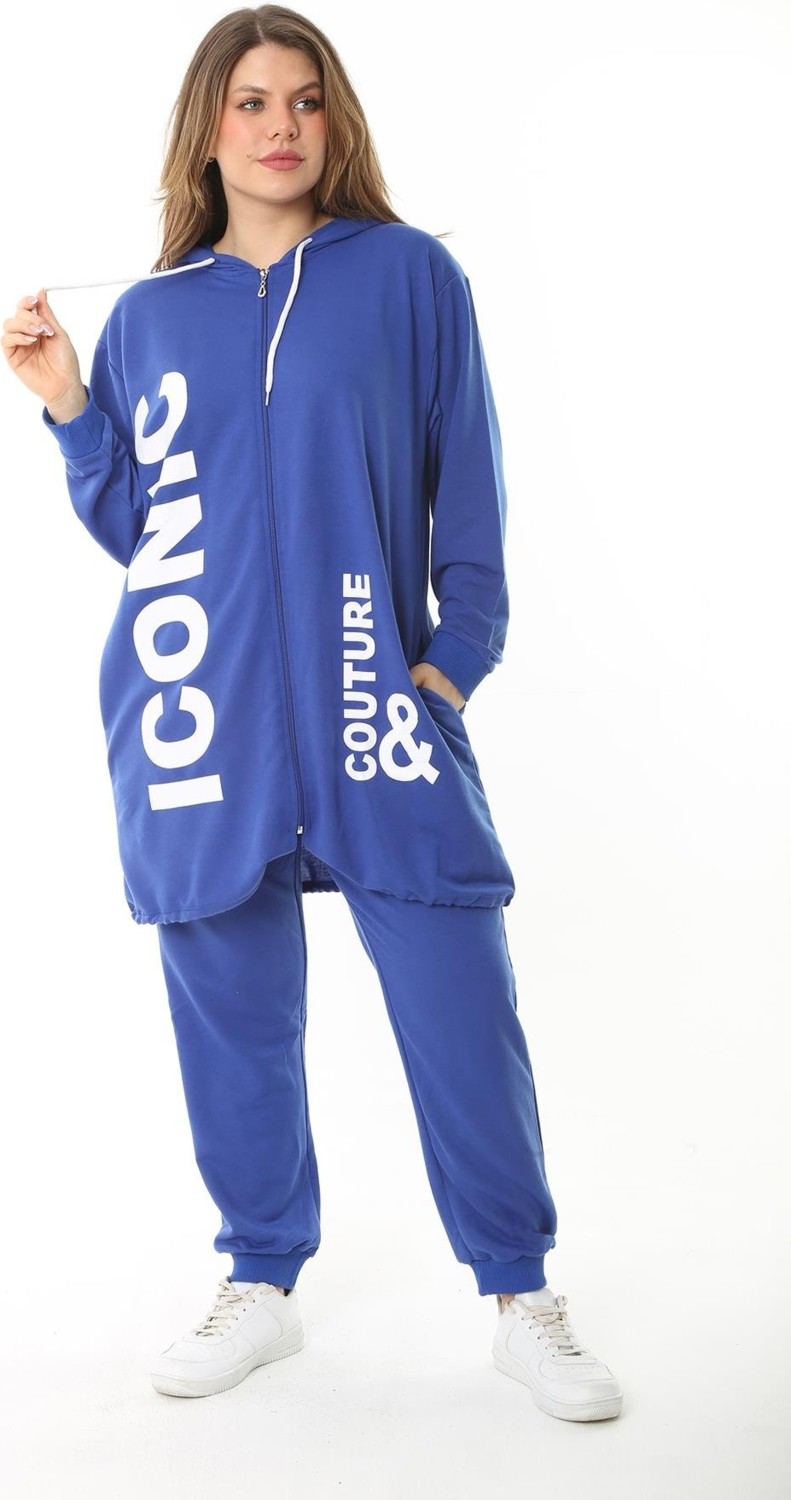 Şans Kadın Büyük Beden Gri Baskı ve Fermuar Detaylı Kapşonlu Sweatshirt Pantolon Takım 65N37128