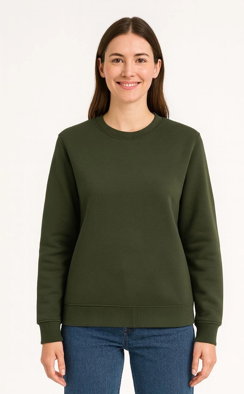 Tarz Yeri Kadın 3 Iplik Pamuklu Düz Bisiklet Yaka Sweatshirt - Haki görsel 2