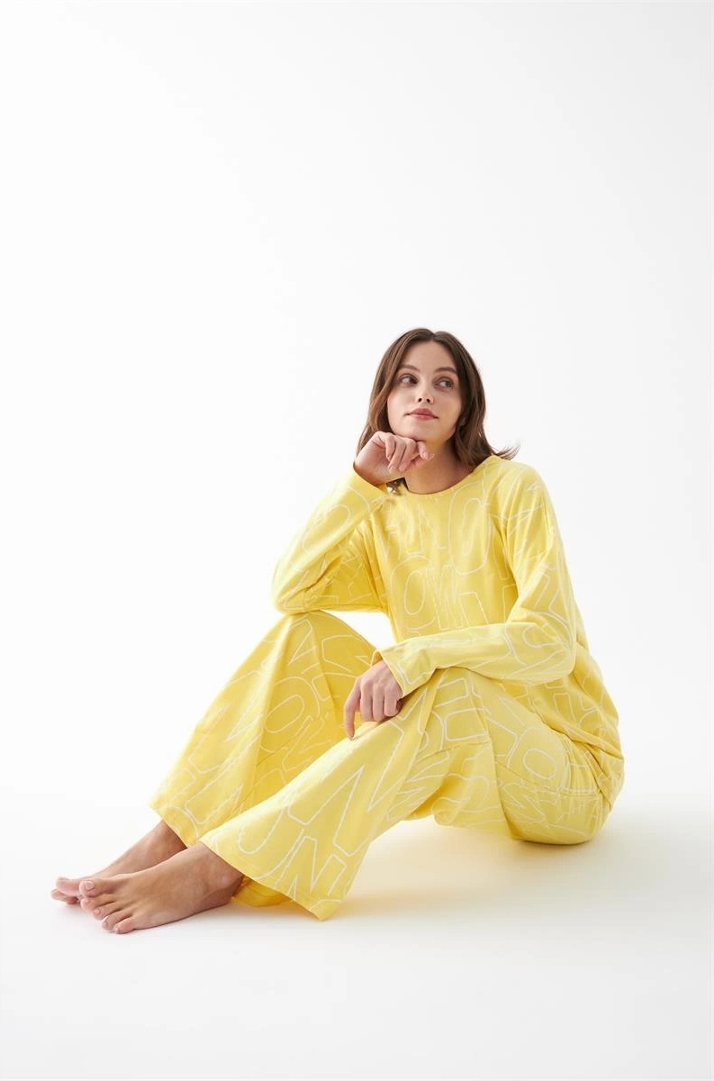 mery Moda Kadın Oversize Sarı Desenli Pamuklu Kalın Pijama Takımı Beruflic görsel 4