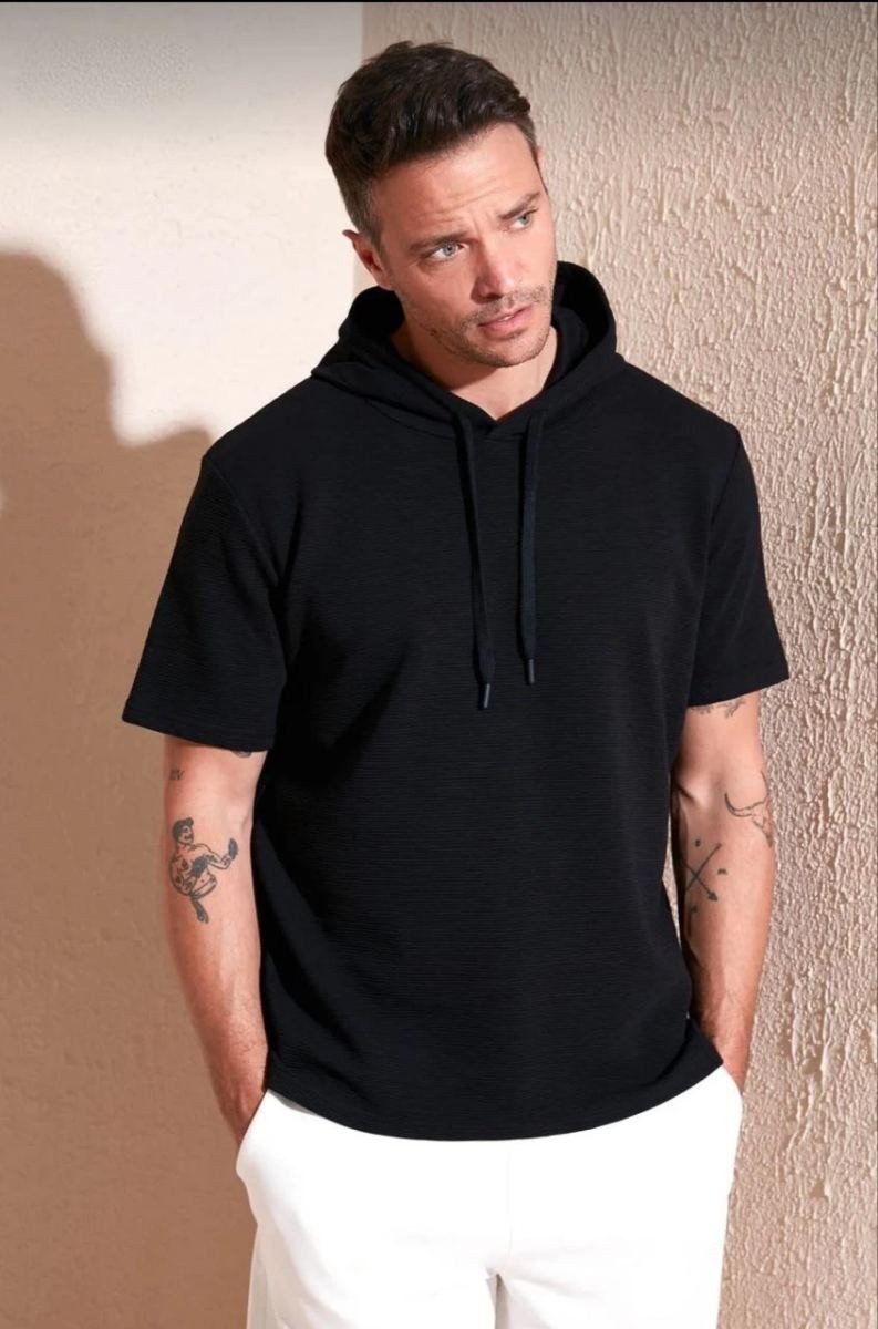 Fantastik Store Erkek Kapüşonlu Tişört Kısa Kol Düz Oversize T-Shirt - Siyah görsel 5