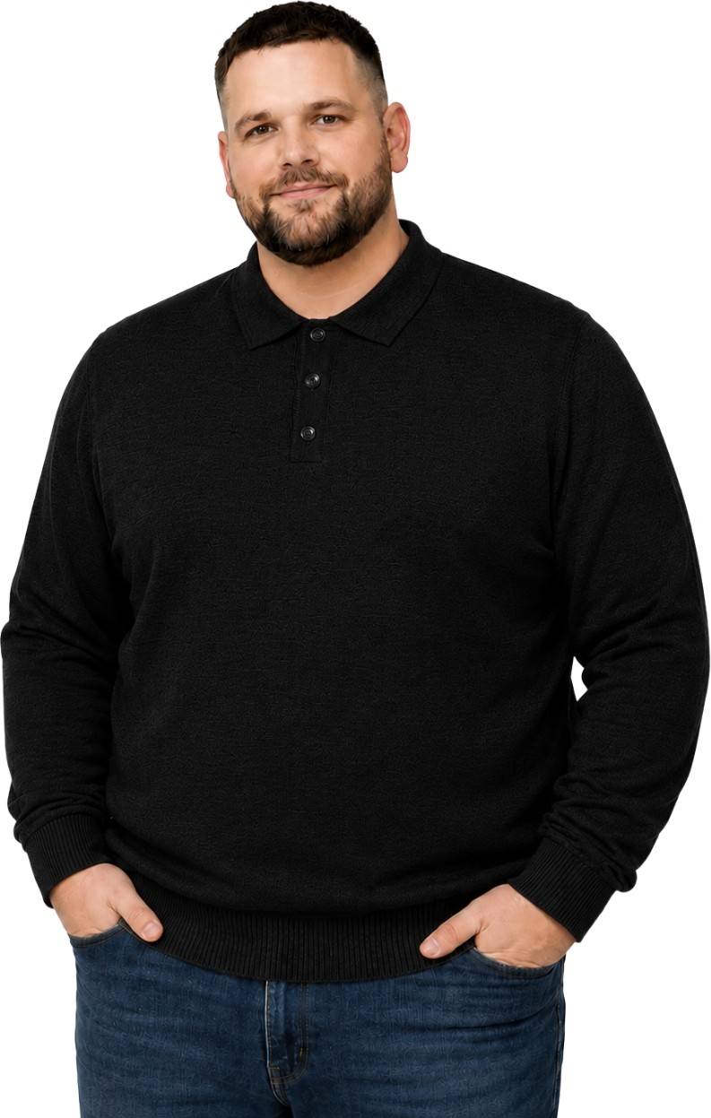 Battal Moda Erkek Büyük Beden Melanj Lacivert Düğmeli Polo Yaka Triko Kazak 3xl-4xl-5xl-6xl