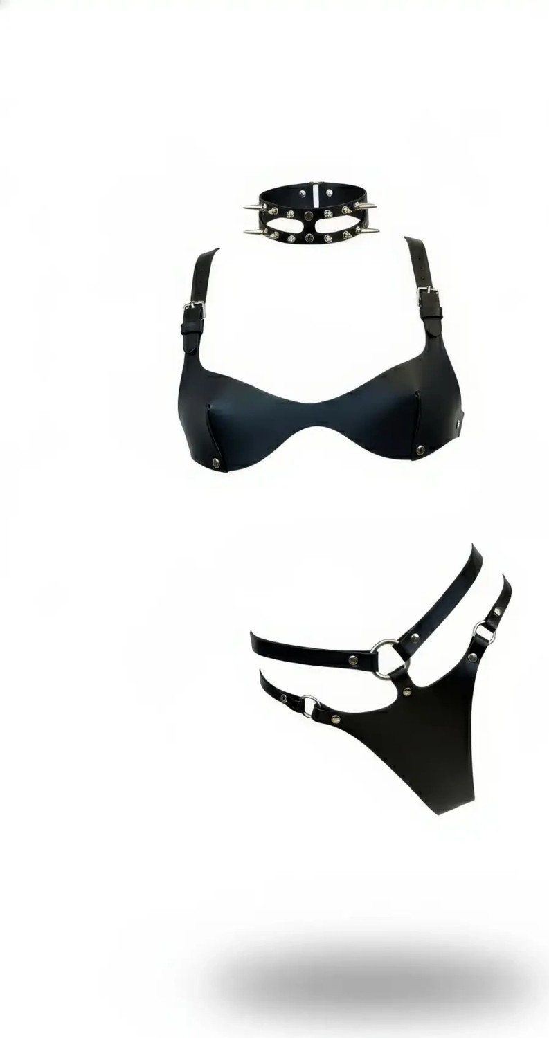 MTM My The Mall Giyim Siyah Harness Takım Deri Zımbalı Halkalı Bralet Seti - BRF1298 görsel 2