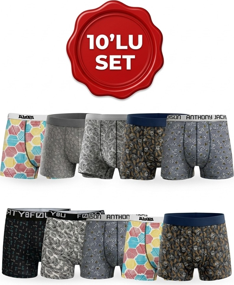 Orivra Erkek Boxer 10’lu Set Likralı Pamuklu Desenli Karışık Renk S-3XL