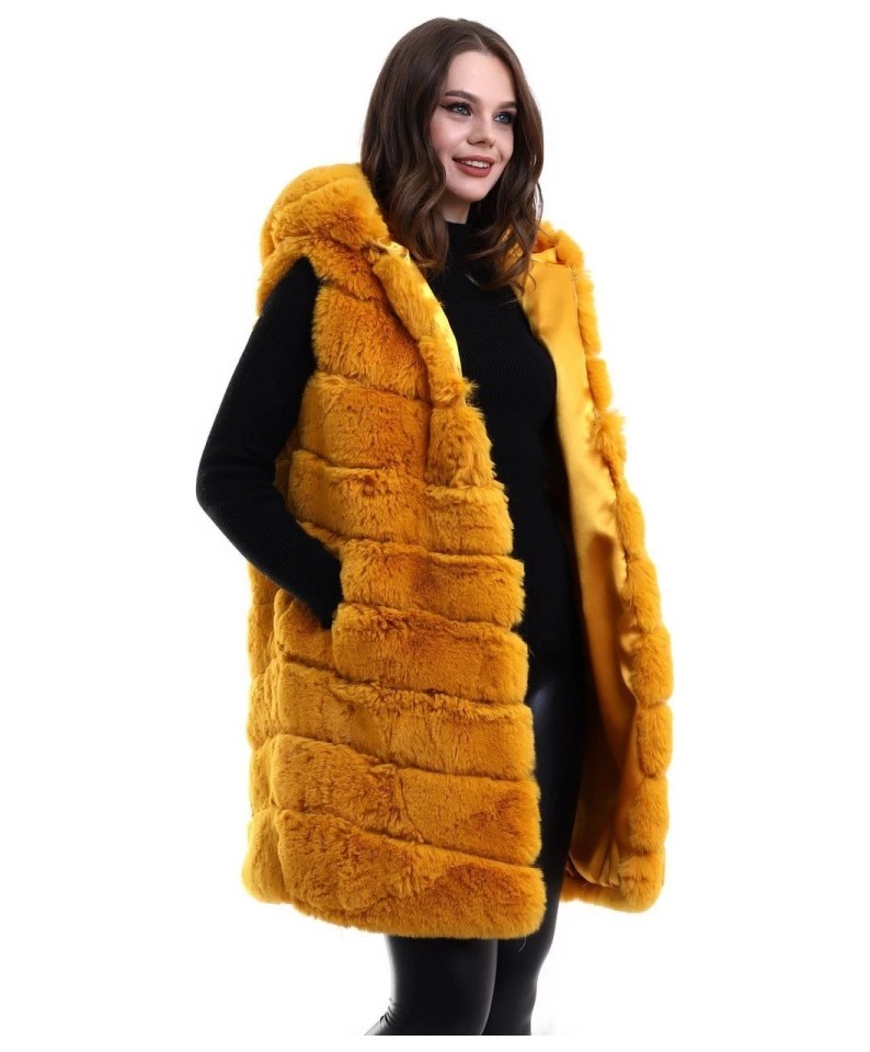 Aesco Kapşonlu Peluş Kürk Yelek Premium Kalite, Tam Astarlı, Uzun Model - Sarı görsel 2
