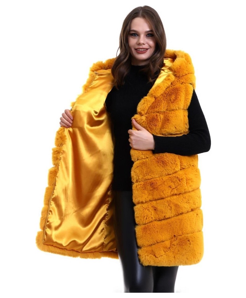 Aesco Kapşonlu Peluş Kürk Yelek Premium Kalite, Tam Astarlı, Uzun Model - Sarı görsel 3