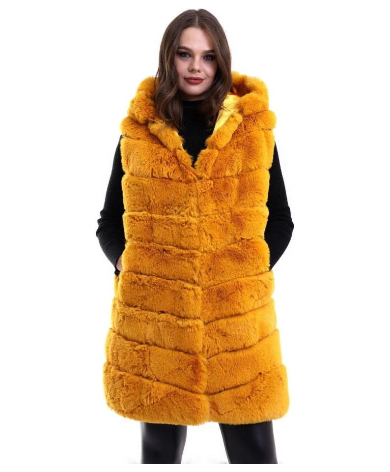 Aesco Kapşonlu Peluş Kürk Yelek Premium Kalite, Tam Astarlı, Uzun Model - Sarı görsel 4
