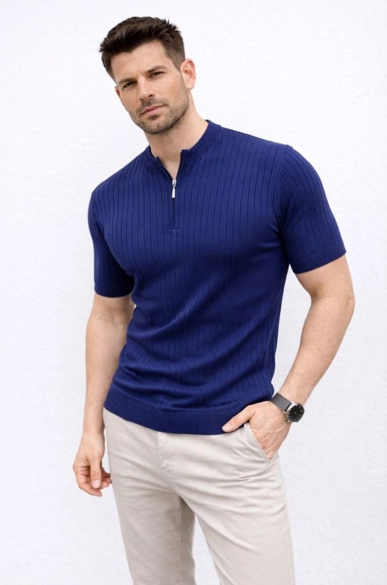 Fantastik Store Erkek Kısa Kol Fitilli Triko T-Shirt Yazlık Hakim Yaka Tişört - Lacivert görsel 2