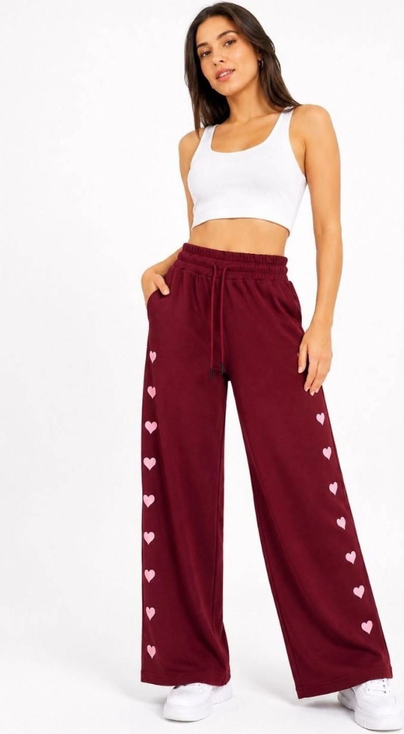 Pileli Store Kadın Osy Modal Yumuşak Dokulu Nakışlı Cepli Oversize Bol Paça Eşofman Altı - Bordo görsel 5