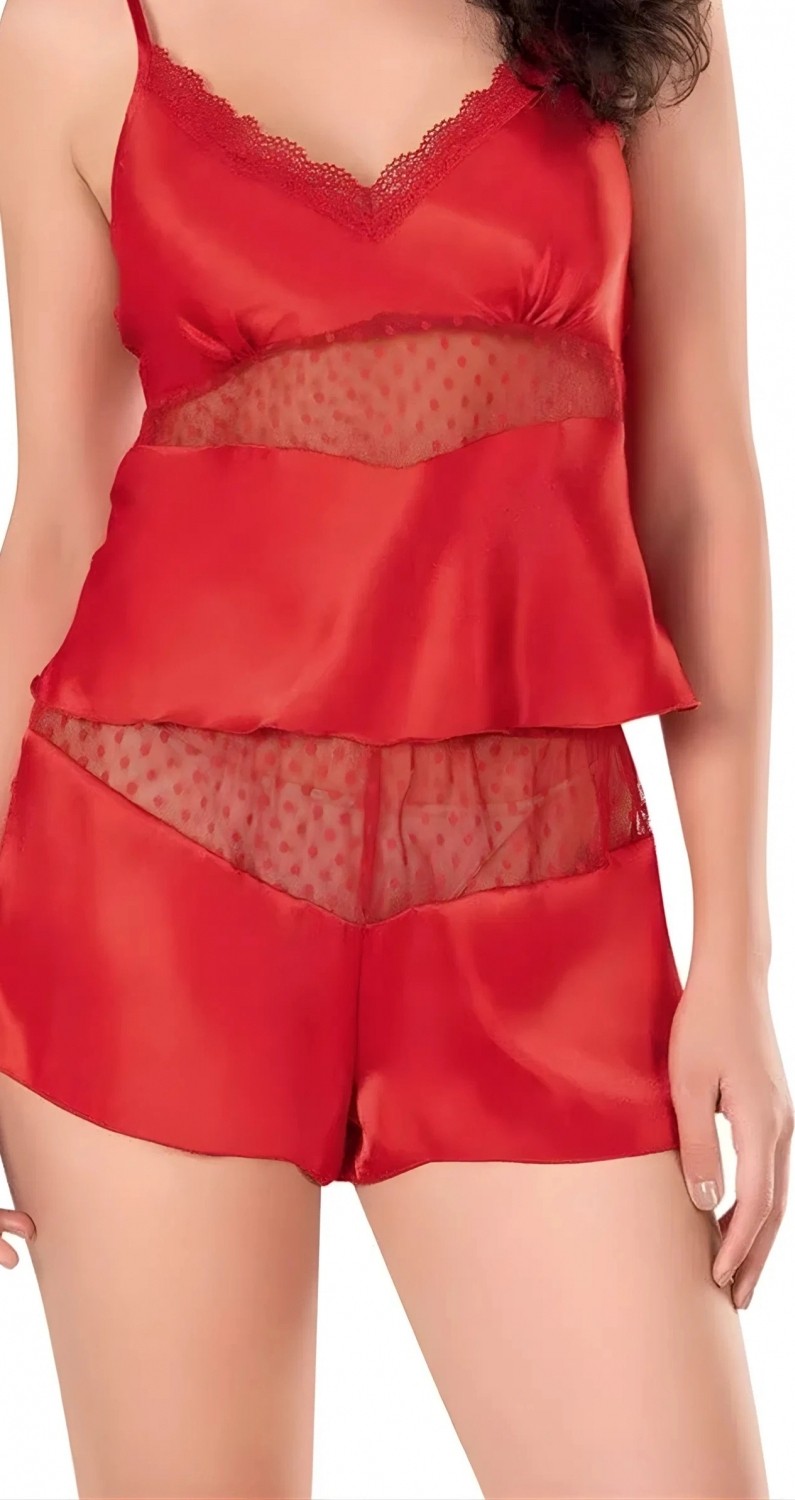 Pileli Store Kırmızı Saten Babydoll Şort Takımı Zarif Kadın Gece Giyim görsel 3