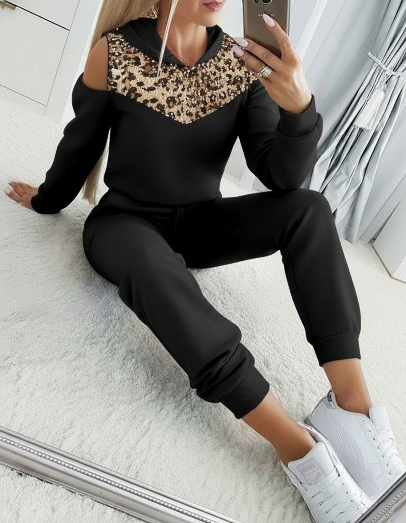 TeknoKapsül Kadın Uzun Kollu Omuzlardan Açık Leopar Desenli Kapşonlu Viskon Iki Iplik Bluz ve Pantolon Ikili Takım - Siyah / 2xl-3xl