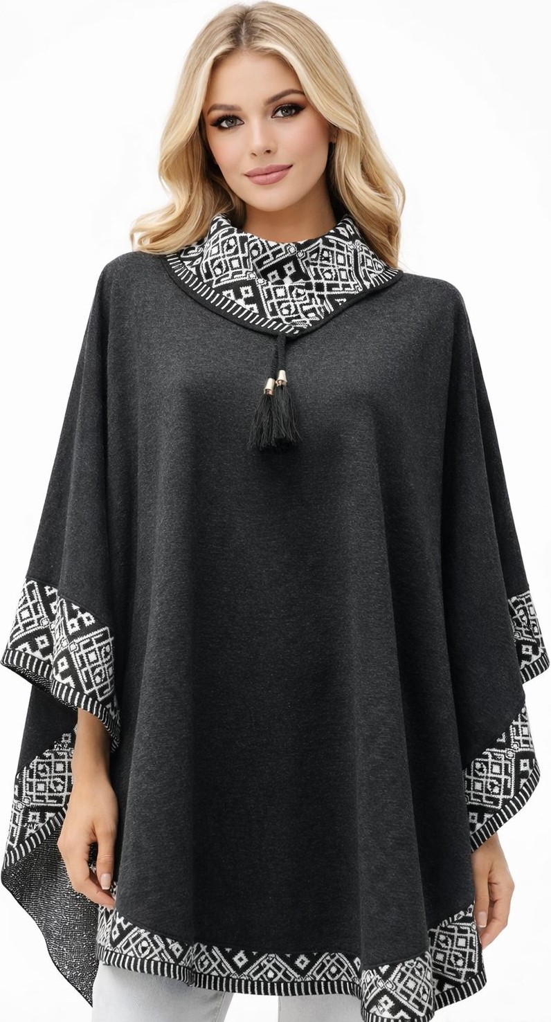 Fresh Moda Kadın Siyah Beyaz Devrik Yakalı Desenli Geniş Kalıp Dökümlü Panço