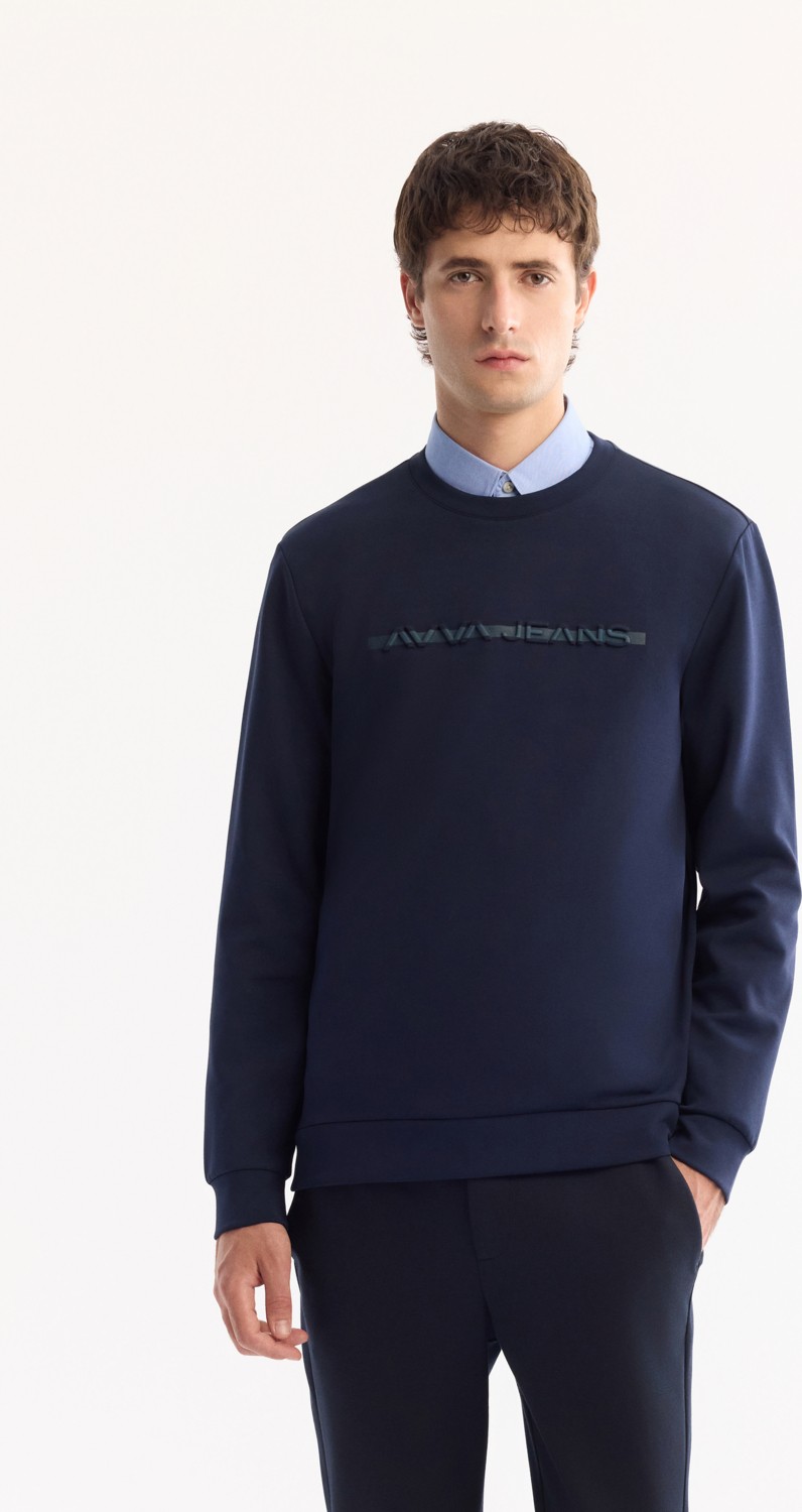 AVVA Erkek Lacivert Bisiklet Yaka Pamuklu Bi-Stretch Baskılı Regular Fit Sweatshirt A52Y1210