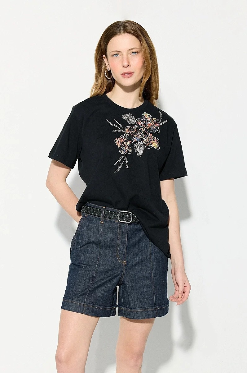 Gusto Nakışlı Pamuk T-Shirt - Siyah görsel 4