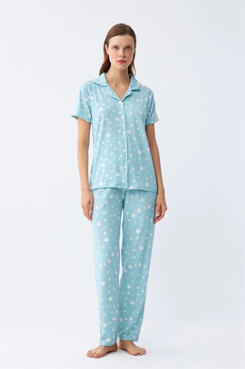 mery Kadın Buz Mavisi Yıldız Desenli Önden Düğmeli Pijama Takımı Mery görsel 2