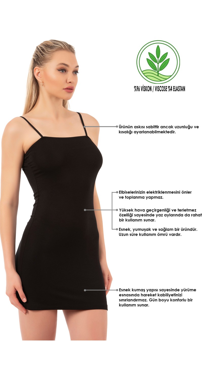Özkan Underwear Özkan 7126 2'li Paket Kadın Viskon Kumaş Ten Siyah Rahat Esnek Yumuşak Ayarlanabilir Askılı Kısa Diz Üstü Kombinezon Jüpon Astar görsel 7