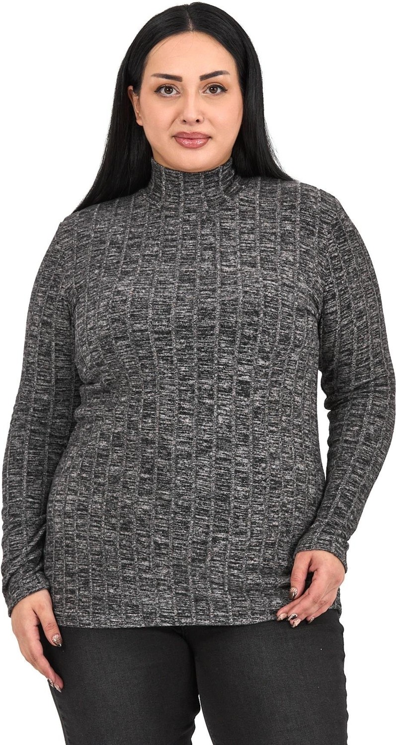 Disentis Modest Kadın Büyük Beden Yarım Balıkçı Uzun Kollu Bej Renk Triko Çizgili Body Slim Fit