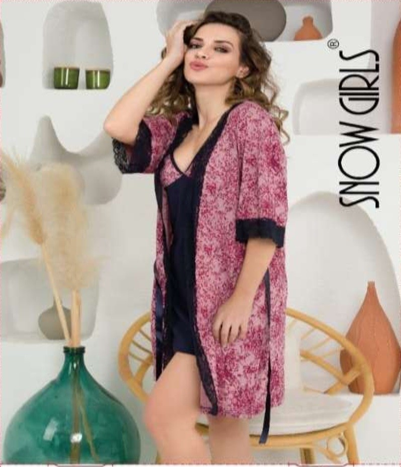 My Dora Lingerie Snow Girls Dantel Detaylı Desenli Penye Gecelik ve Sabahlık 2'li Takım görsel 2