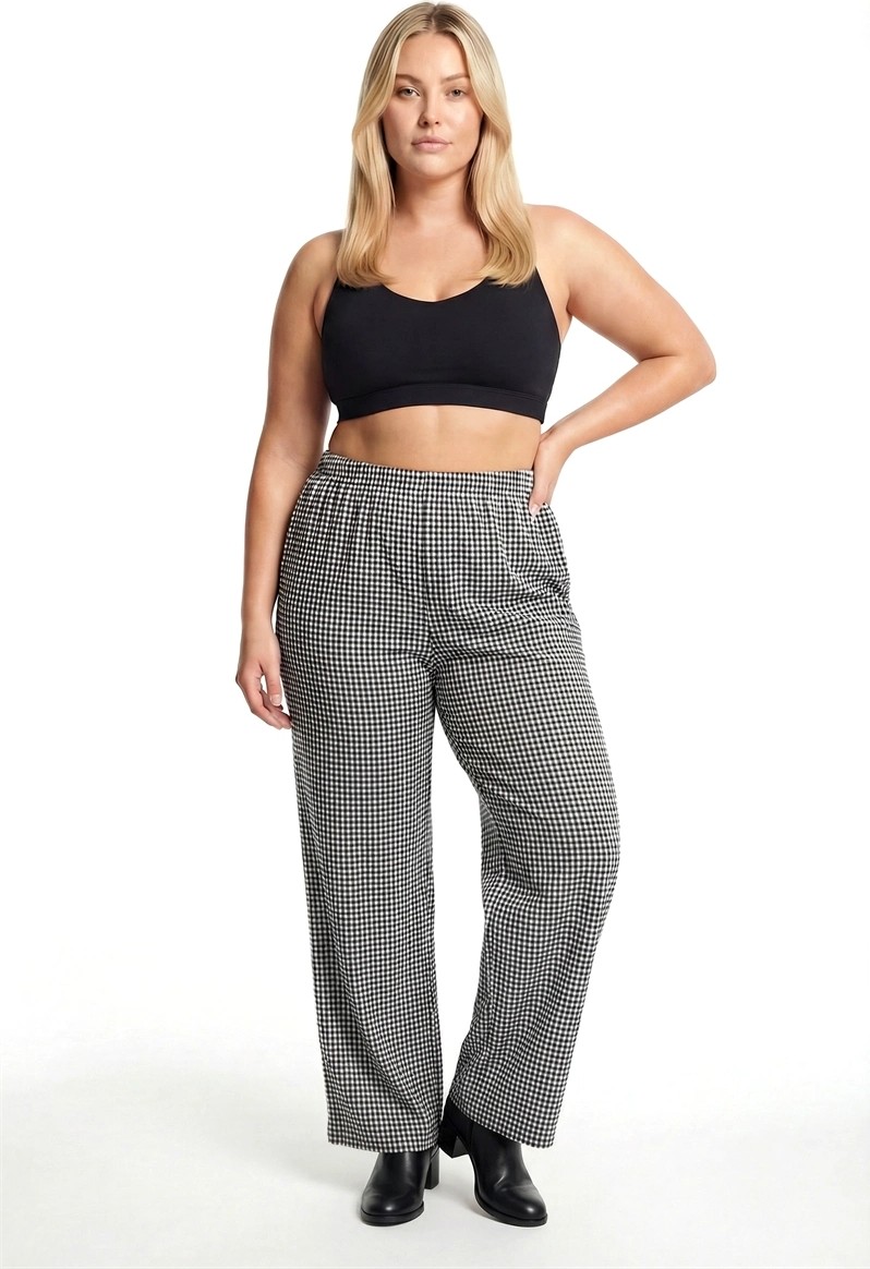 mery Moda Kadın Siyah Beyaz Kareli Büyük Beden Cepli Pijama Altı Rahat Kesim Esnek Bel Günlük Ev Gi