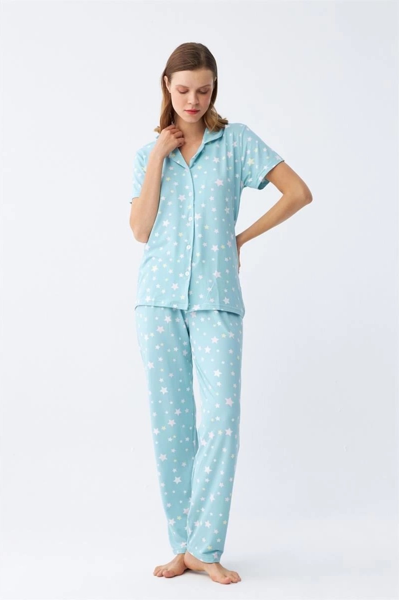 mery Kadın Buz Mavisi Yıldız Desenli Önden Düğmeli Pijama Takımı Mery