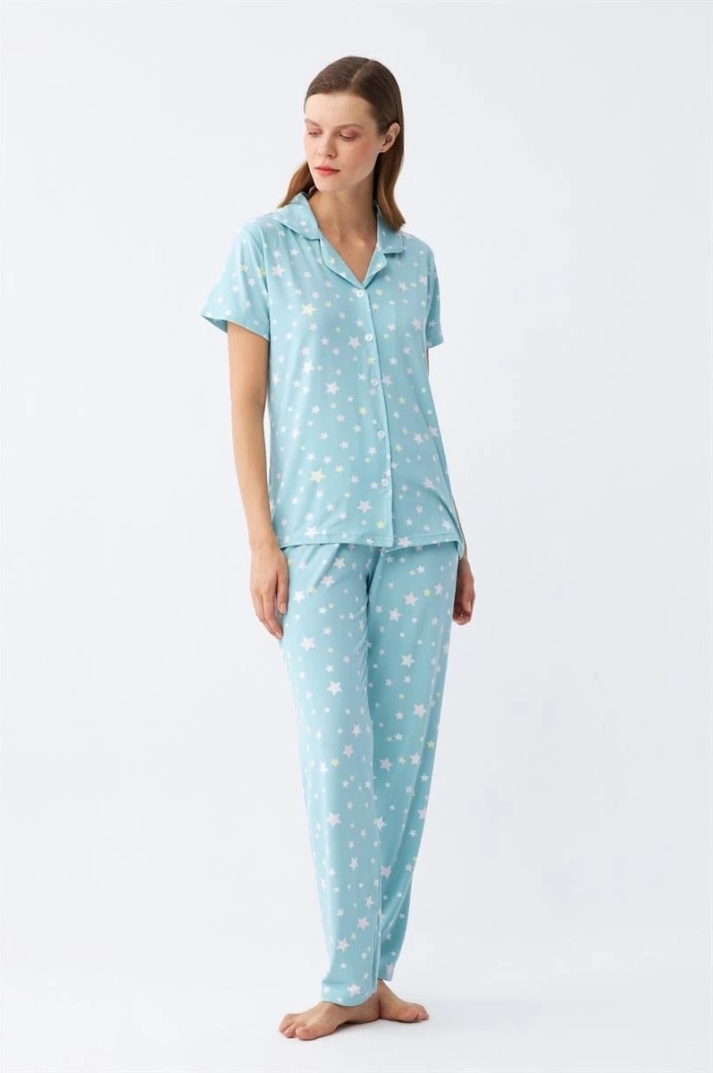 mery Kadın Buz Mavisi Yıldız Desenli Önden Düğmeli Pijama Takımı Mery görsel 4