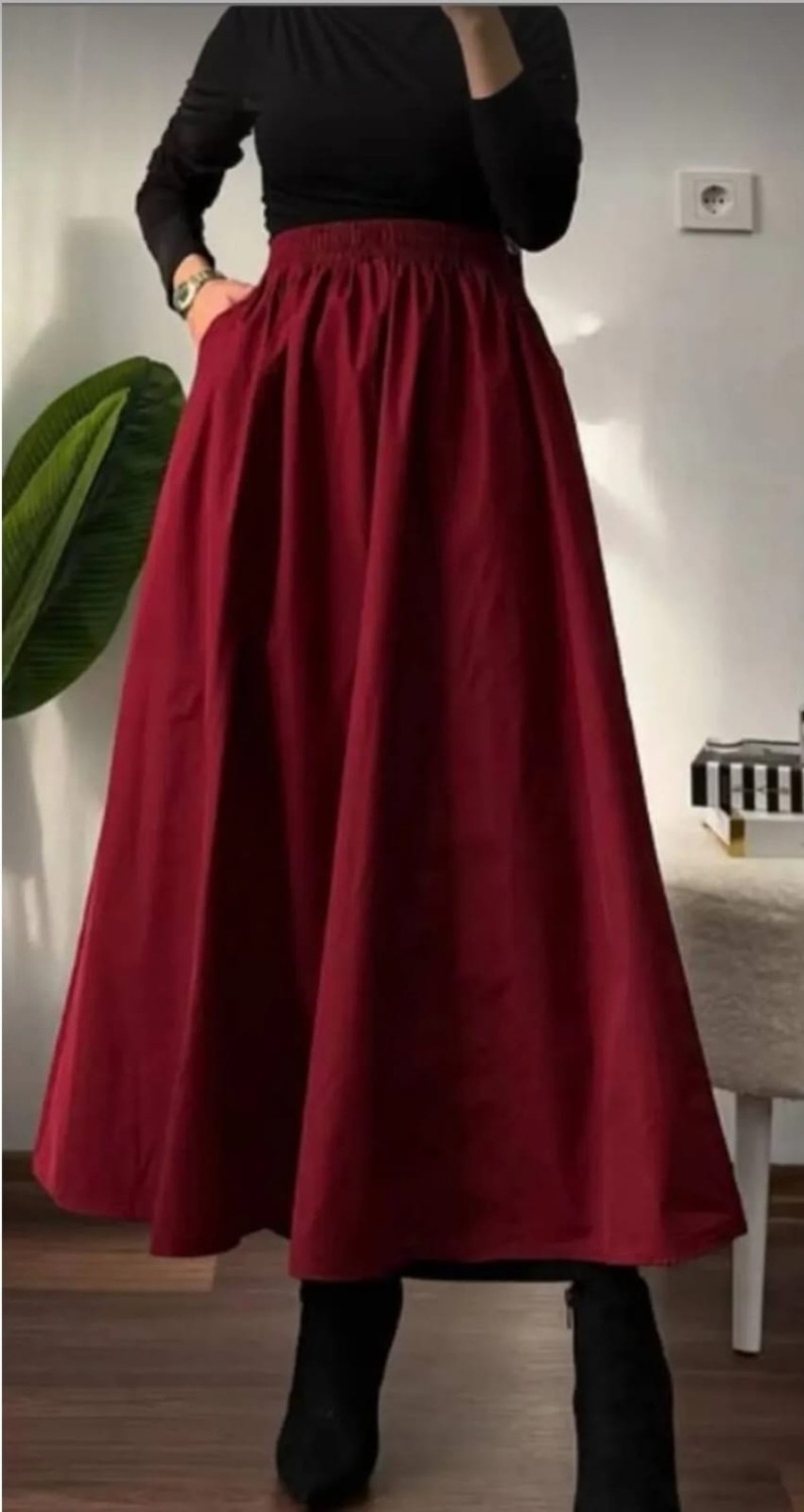 Moda Ulu Çift Cepli Beli Lastikli İç Göstermez Uzun Etek Poplin Kumaş (90) cm