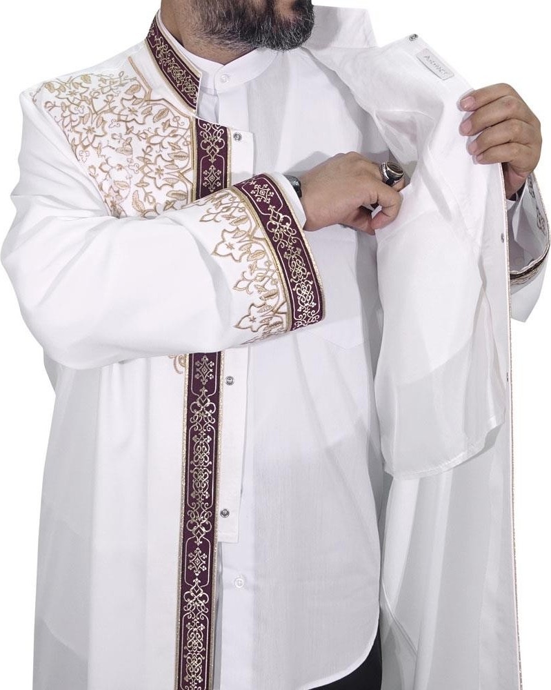 Yaser Giyim Hakim Yaka Lüks Nakışlı Şehzade Cübbe - Beyaz (Kemik) görsel 3