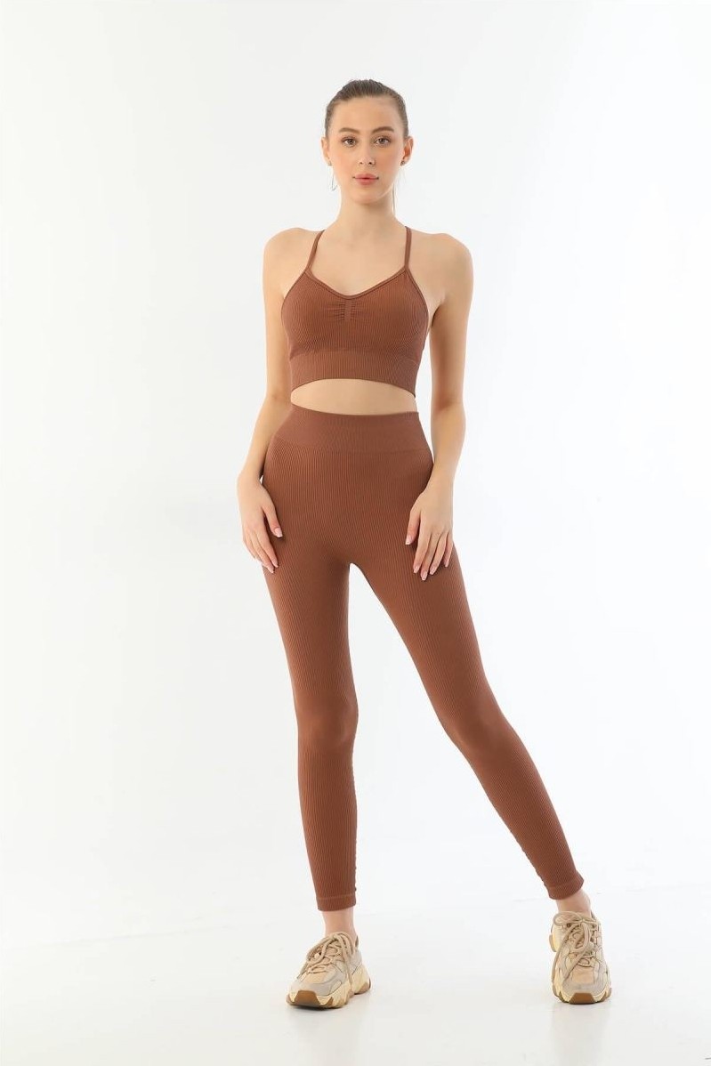 Beruflic Kahve 3921 Soft Seamless Ripli Tayt Yoga Takımı Under Moda