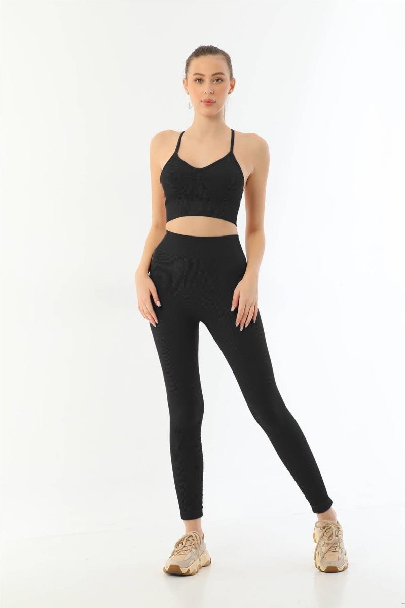 Melonika Siyah 3921 Soft Seamless Ripli Tayt Yoga Takımı
