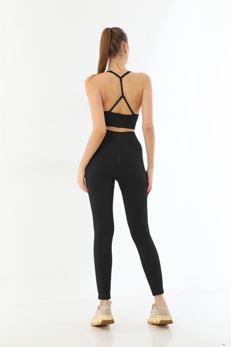 Melonika Siyah 3921 Soft Seamless Ripli Tayt Yoga Takımı görsel 2