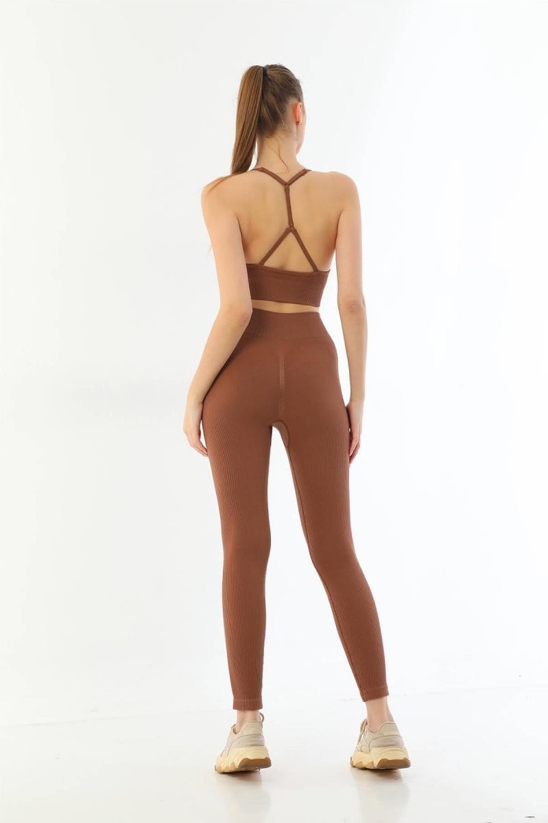 Melonika Kahve 3921 Soft Seamless Ripli Tayt Yoga Takımı görsel 2
