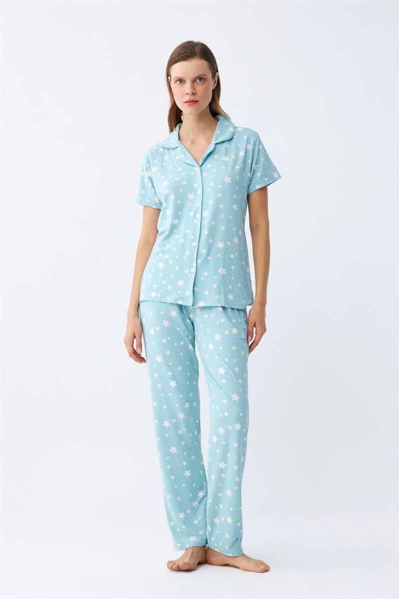 mery Kadın Buz Mavisi Yıldız Desenli Önden Düğmeli Pijama Takımı Mery görsel 5