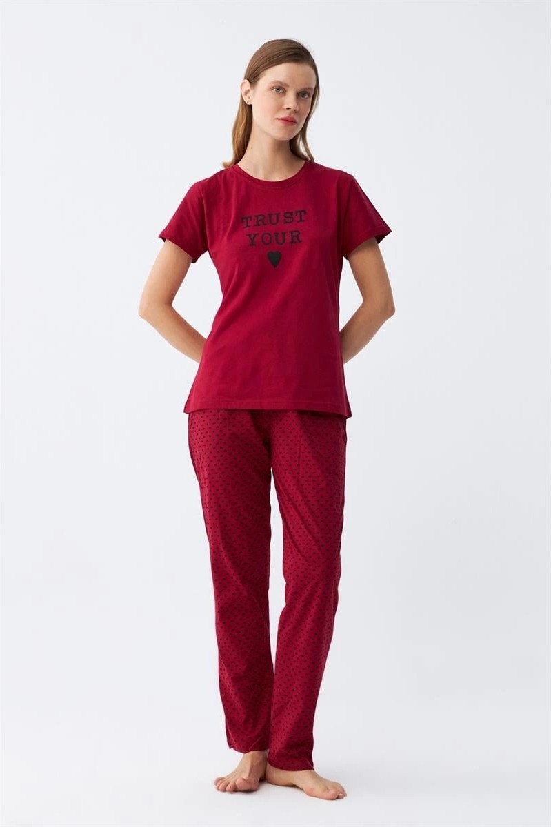mery Kadın Bordo Kalp Desenli Kısa Kollu Penye Pijama Takımı Mery