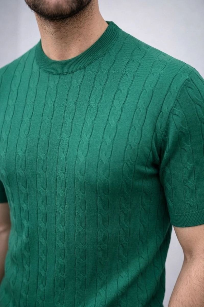 Fantastik Store Erkek Yazlık Triko Dokuma Tişört Kısa Kol Bisiklet Yaka Örgü Desenli T-Shirt - Haki görsel 4