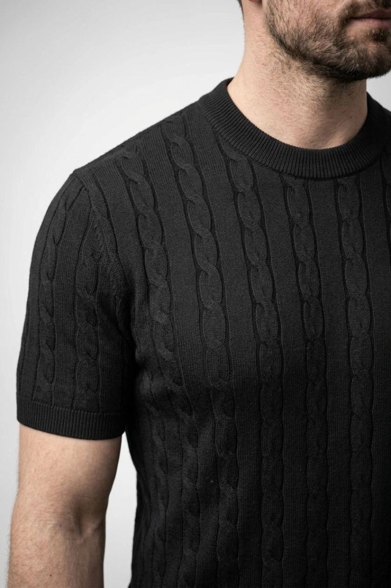 Fantastik Store Erkek Yazlık Triko Dokuma Tişört Kısa Kol Bisiklet Yaka Örgü Desenli T-Shirt - Siyah görsel 3