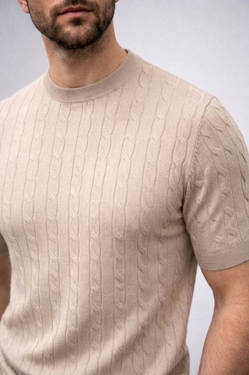 Fantastik Store Erkek Yazlık Triko Dokuma Tişört Kısa Kol Bisiklet Yaka Örgü Desenli T-Shirt - Bej