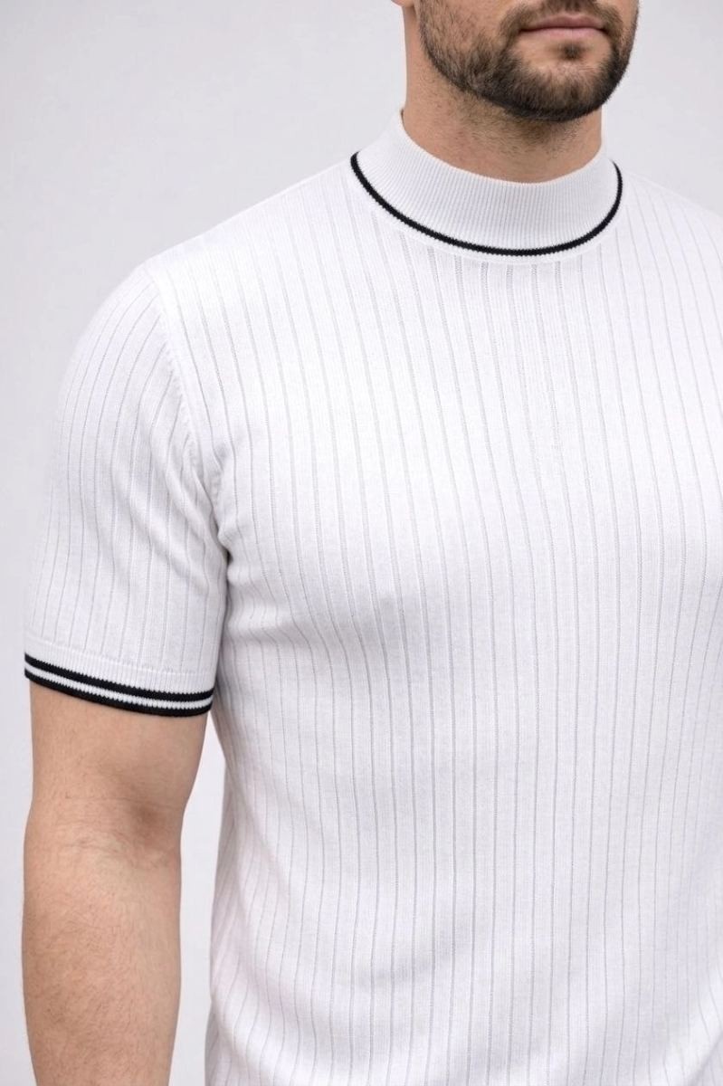 Fantastik Store Erkek Fitilli Triko Dokuma Kısa Kol Tişört Yarım Boğaz Modern Yazlık T-Shirt - Beyaz görsel 5