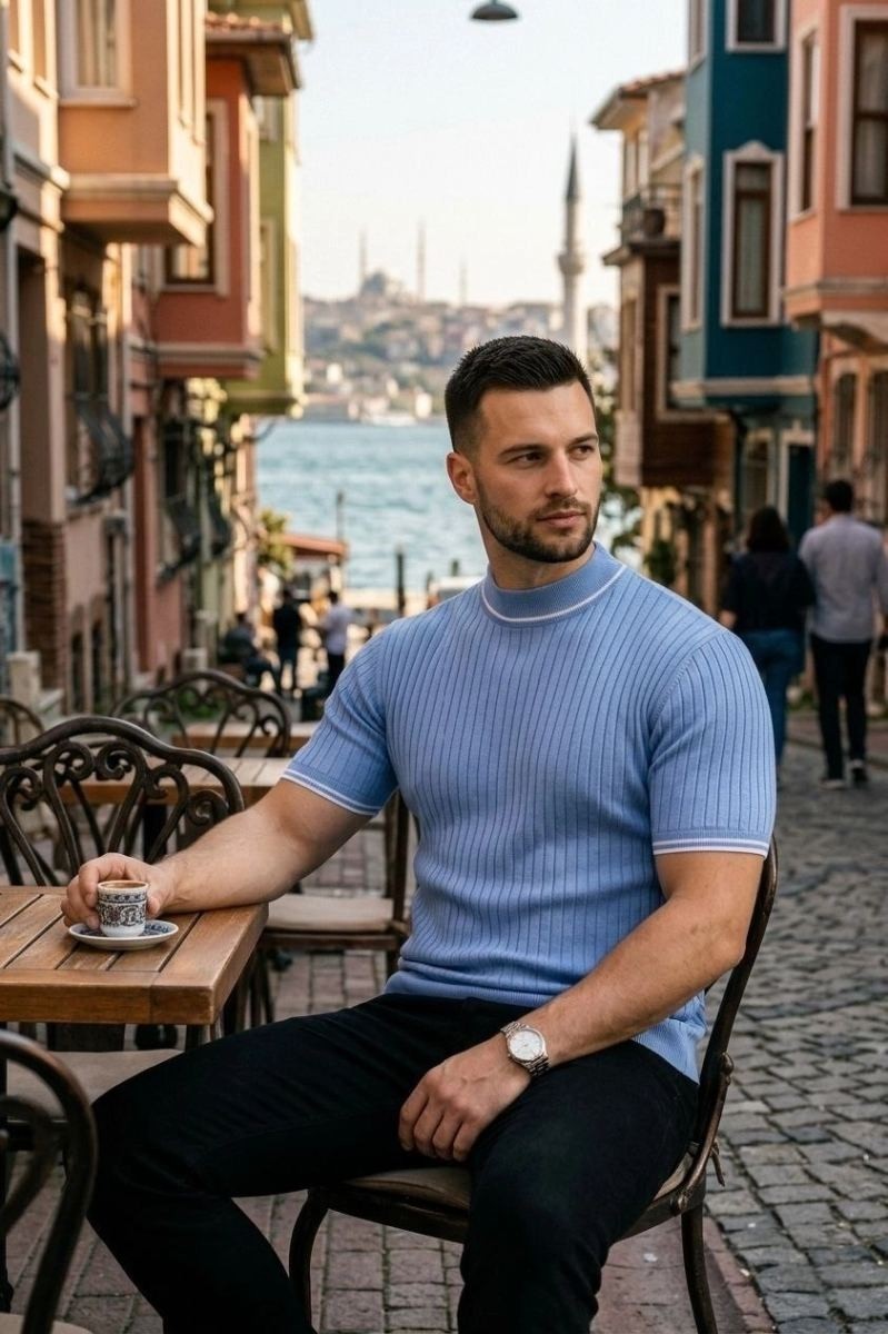 Fantastik Store Erkek Fitilli Triko Dokuma Kısa Kol Tişört Yarım Boğaz Modern Yazlık T-Shirt - Bebe Mavisi