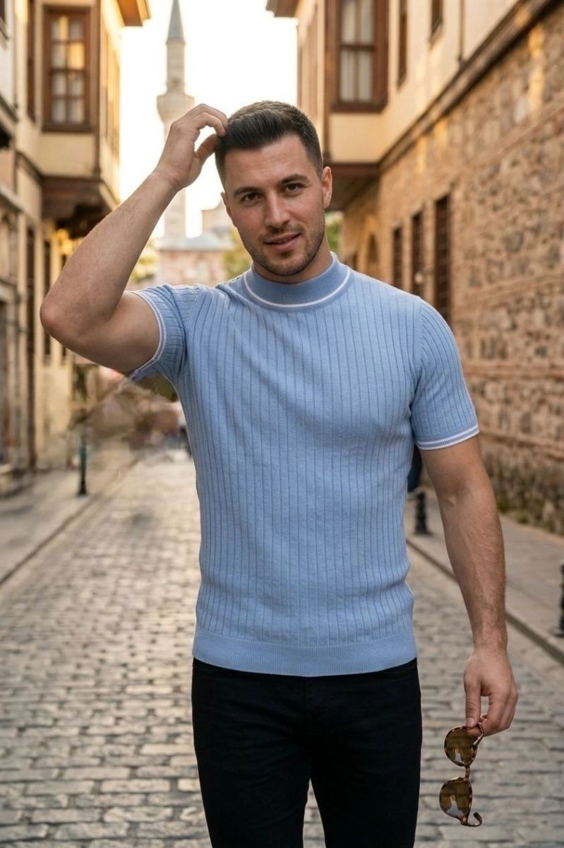 Fantastik Store Erkek Fitilli Triko Dokuma Kısa Kol Tişört Yarım Boğaz Modern Yazlık T-Shirt - Bebe Mavisi görsel 2