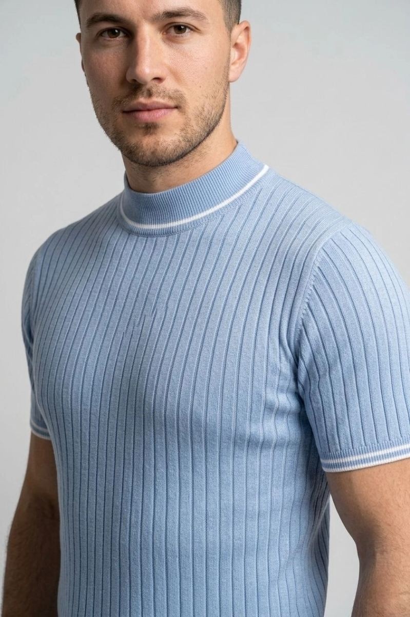 Fantastik Store Erkek Fitilli Triko Dokuma Kısa Kol Tişört Yarım Boğaz Modern Yazlık T-Shirt - Bebe Mavisi görsel 3