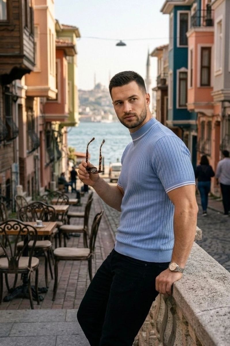 Fantastik Store Erkek Fitilli Triko Dokuma Kısa Kol Tişört Yarım Boğaz Modern Yazlık T-Shirt - Bebe Mavisi görsel 4