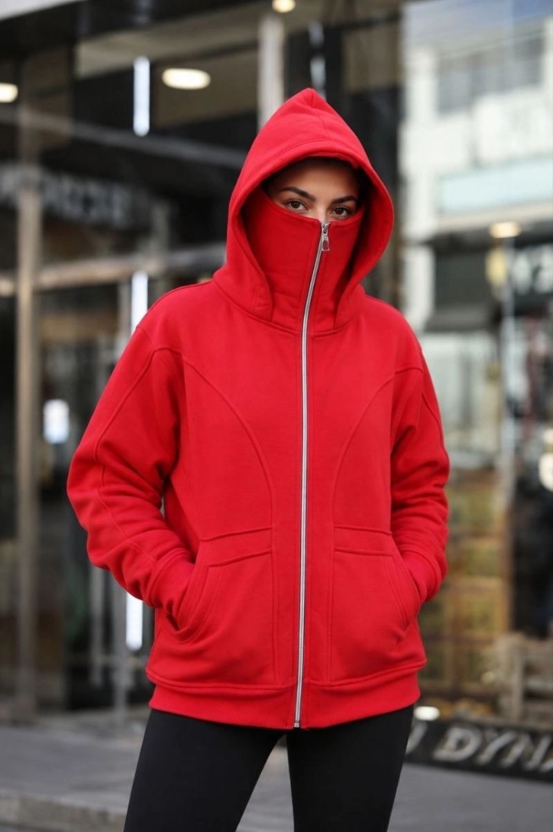 Fantastik Store Kadın Maskeli Ninja Model Çift Kapüşonlu 3 Iplik Şardonlu Fermuarlı Oversize Sweatshirt - Kırmızı