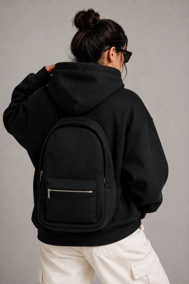 Fantastik Store Kadın 3 Iplik Şardonlu Tam Fermuarlı Kapüşonlu Arka Çanta Detaylı Sweatshirt - Siyah