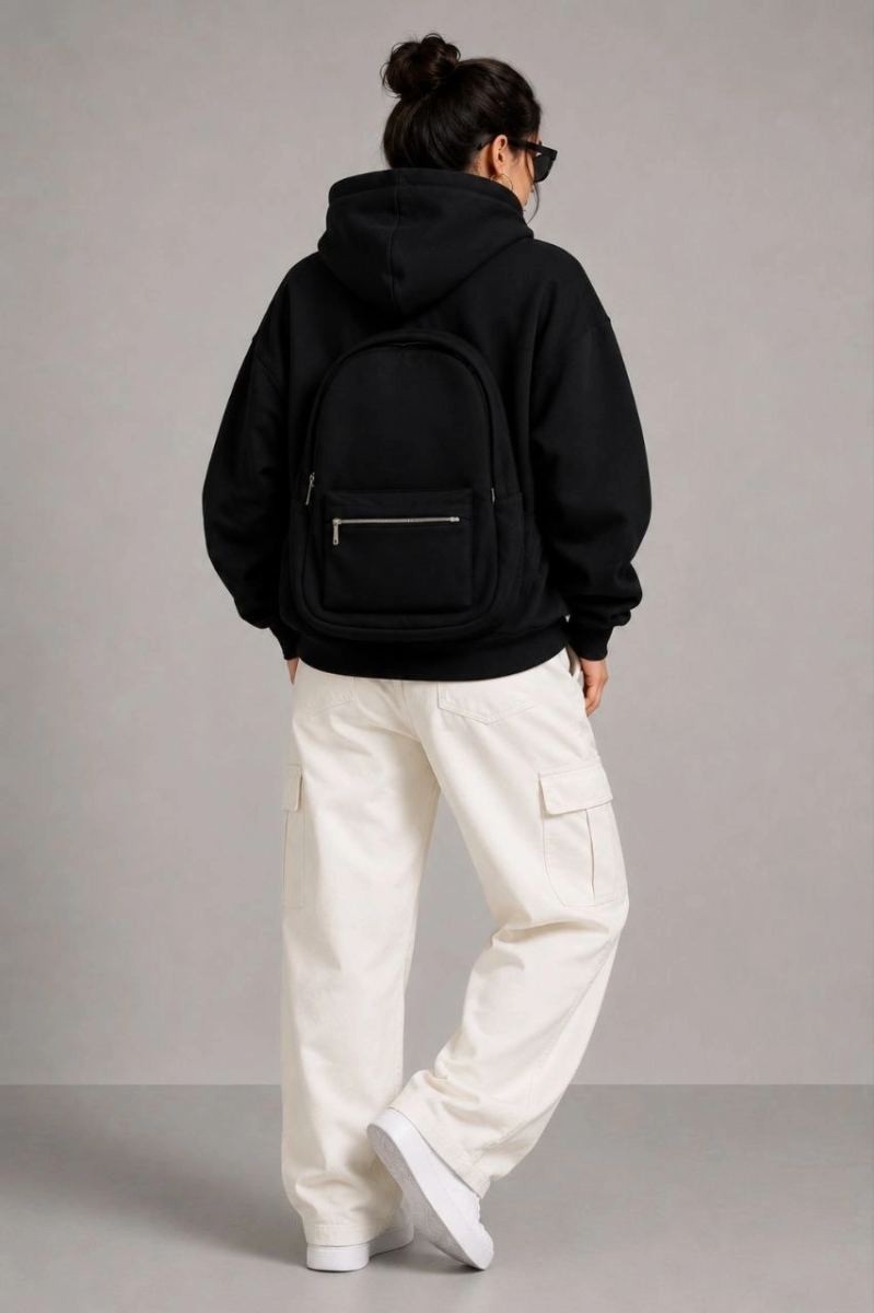 Fantastik Store Kadın 3 Iplik Şardonlu Tam Fermuarlı Kapüşonlu Arka Çanta Detaylı Sweatshirt - Siyah görsel 4