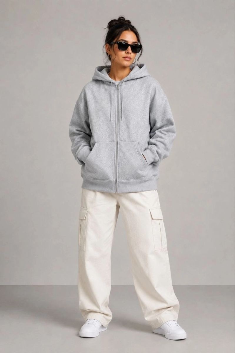 Fantastik Store Kadın 3 Iplik Şardonlu Tam Fermuarlı Kapüşonlu Arka Çanta Detaylı Sweatshirt - Gri görsel 3