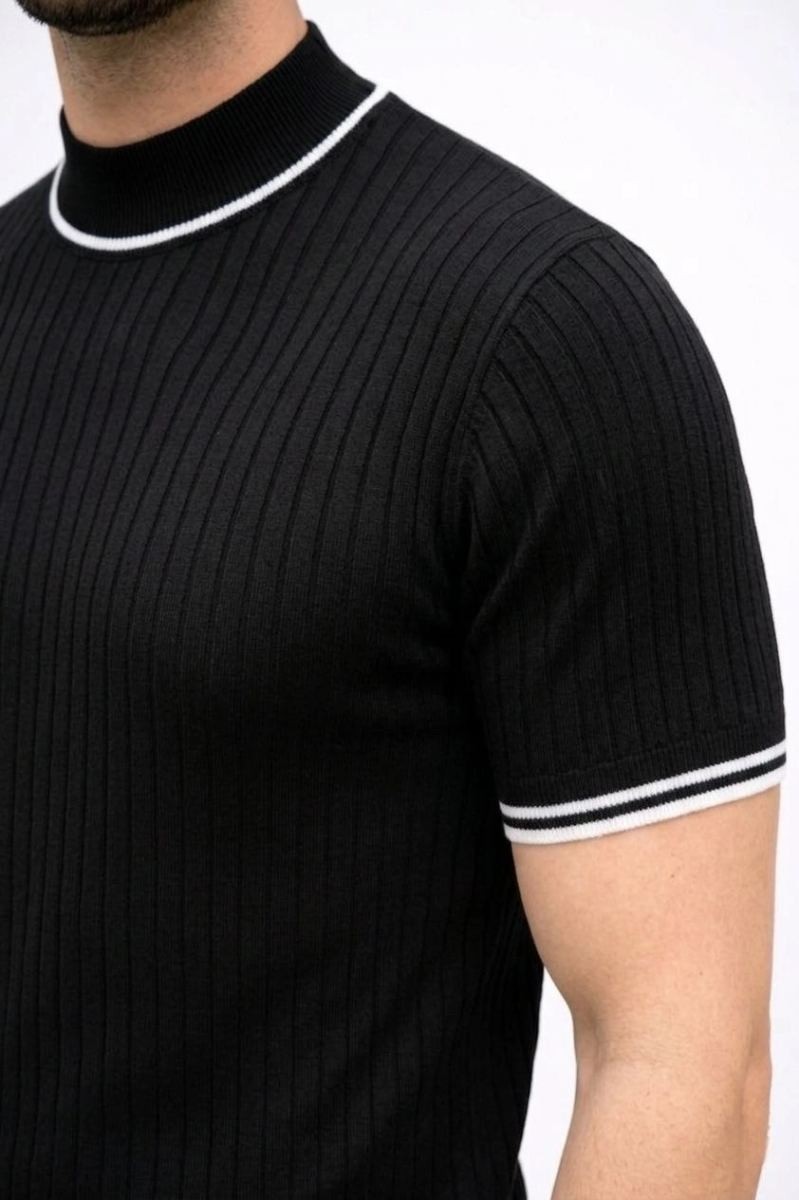 Fantastik Store Erkek Fitilli Triko Dokuma Kısa Kol Tişört Yarım Boğaz Modern Yazlık T-Shirt - Siyah görsel 4