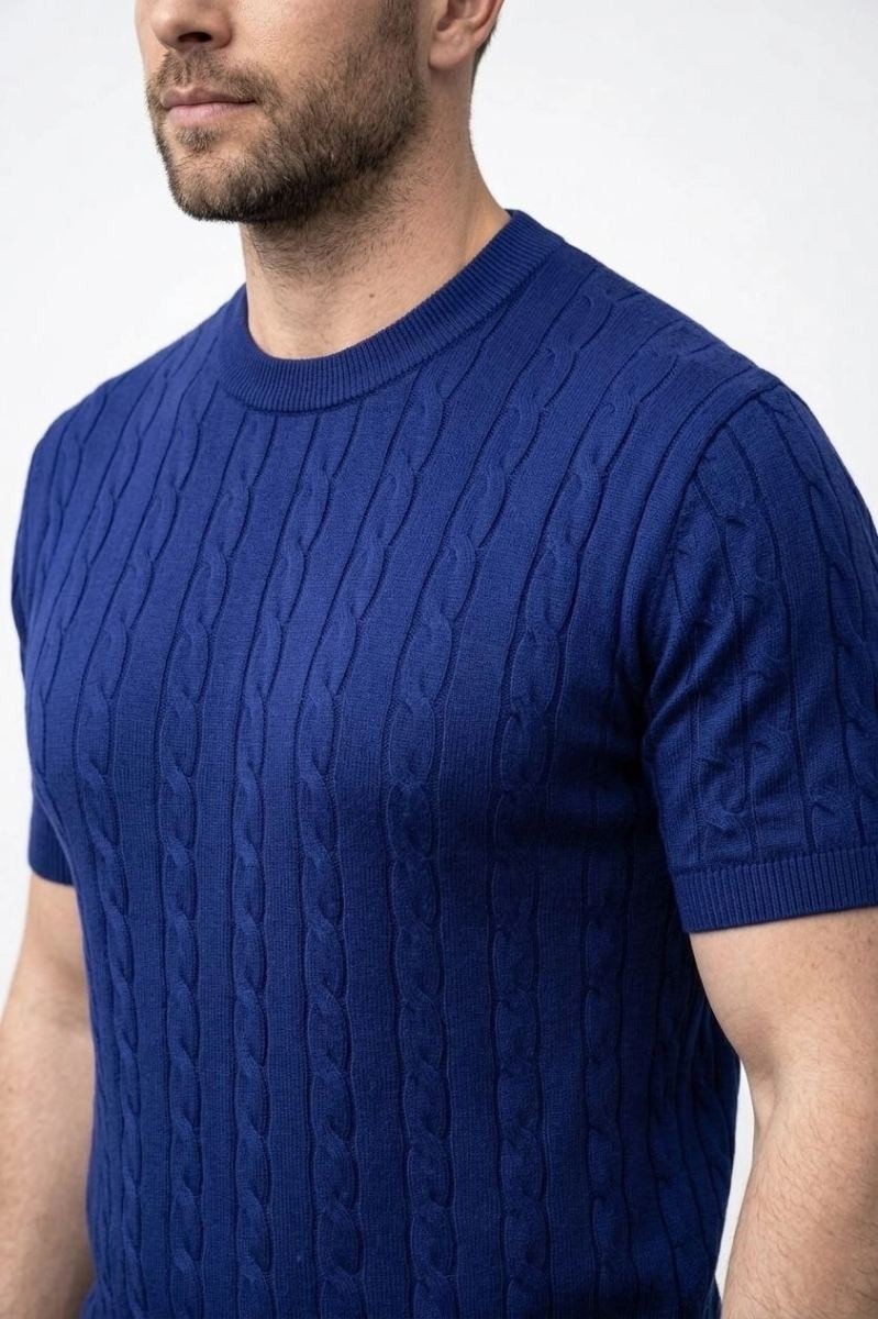 Fantastik Store Erkek Yazlık Triko Dokuma Tişört Kısa Kol Bisiklet Yaka Örgü Desenli T-Shirt - Lacivert