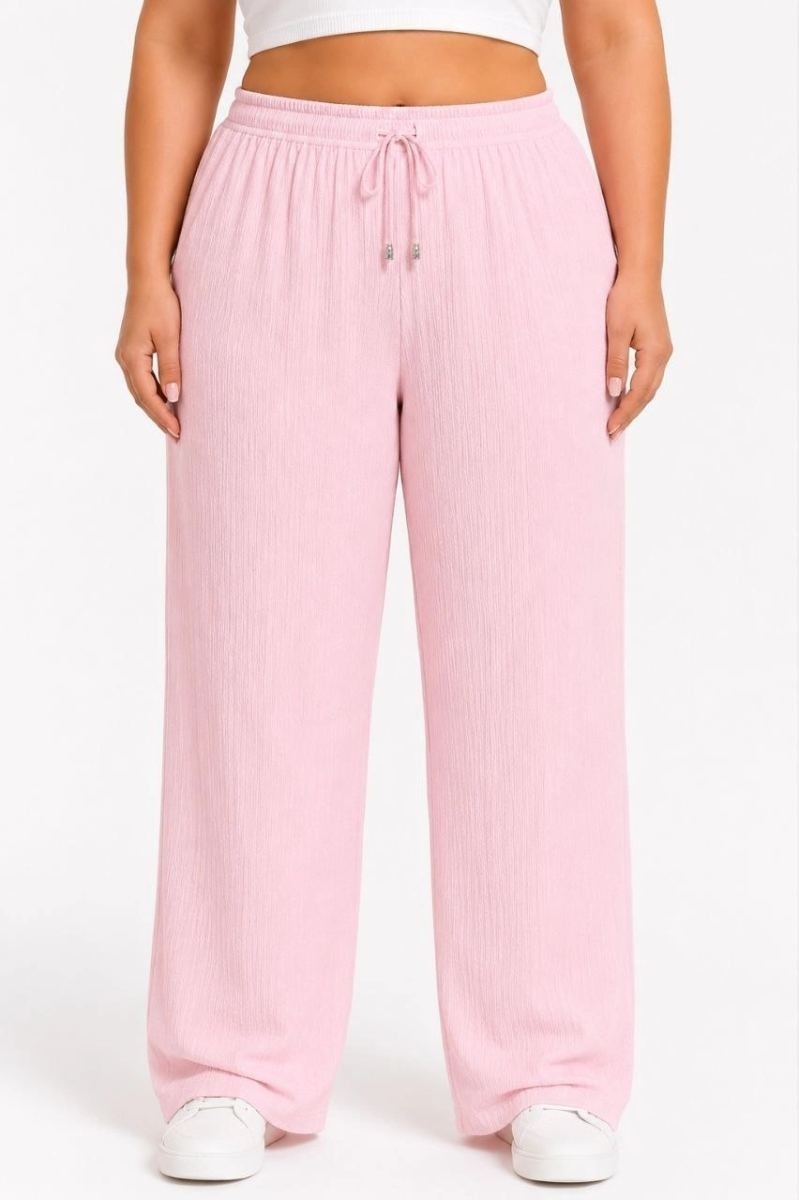 Kadın Battal Beden Bürümcük Kumaş Beli Lastikli Bağcıklı Bol Paça Palazzo Pantolon - Pembe görsel 3
