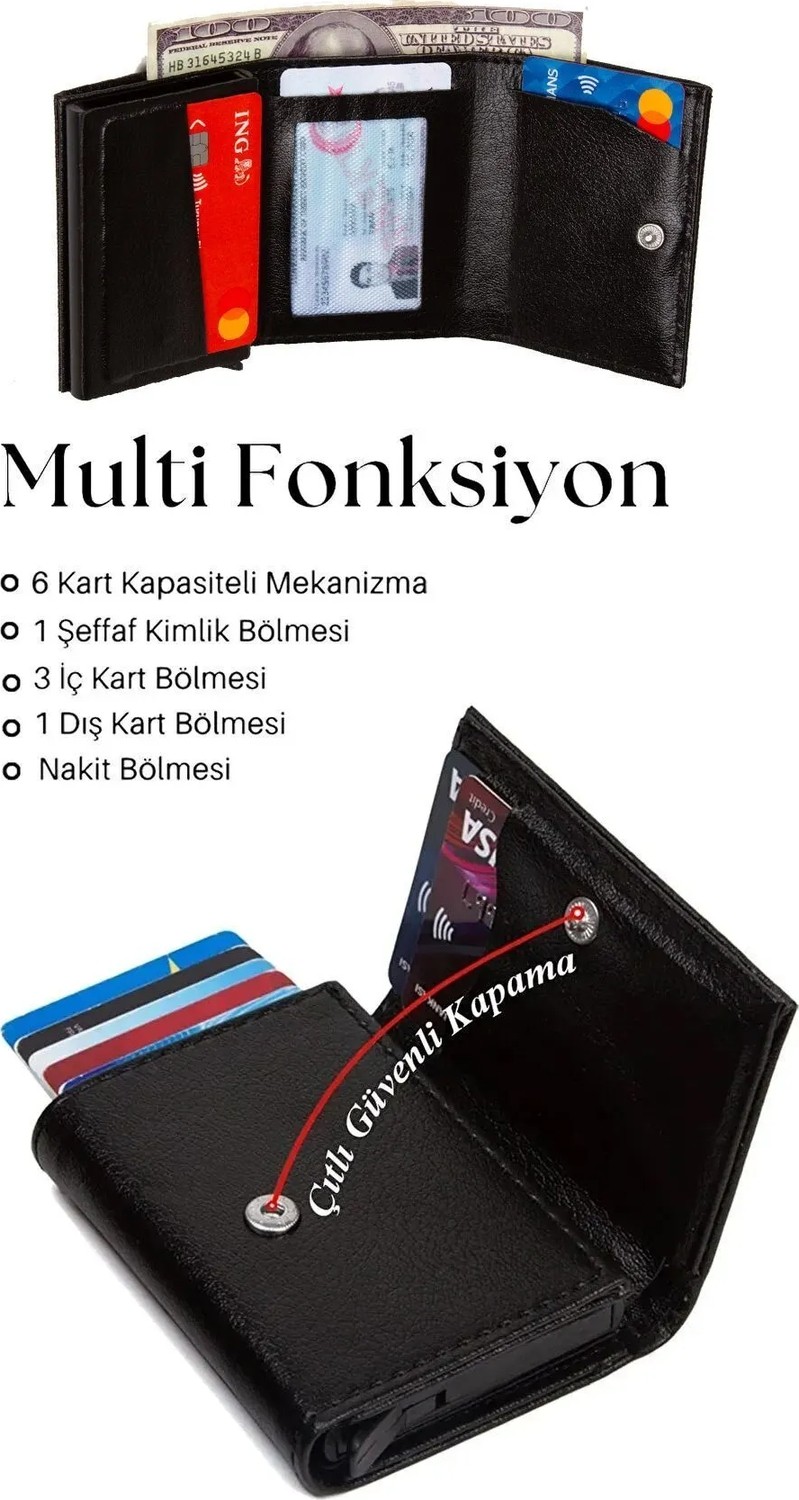 Avca Erkek Siyah Orijinal Mekanizmalı Nakit Para Bölmeli RFID Hırsızlık Koruyuculu Özel Kutulu Çıtlı Deri Cüzdan Kartlık görsel 4
