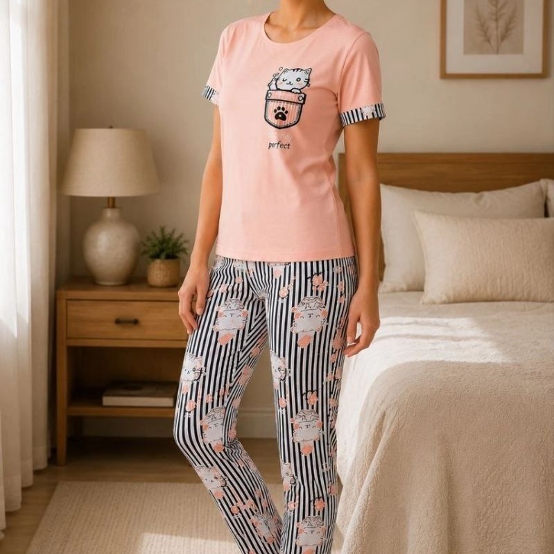 Evrenial Kadın Pamuklu Penye Baskılı Kısa Kollu Bisiklet Yaka Ekose Desenli Pijama Takımı görsel 8